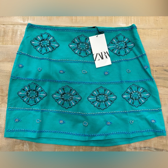 Zara beaded mini skirt high waisted turquoise nwt - Picture 2 of 11
